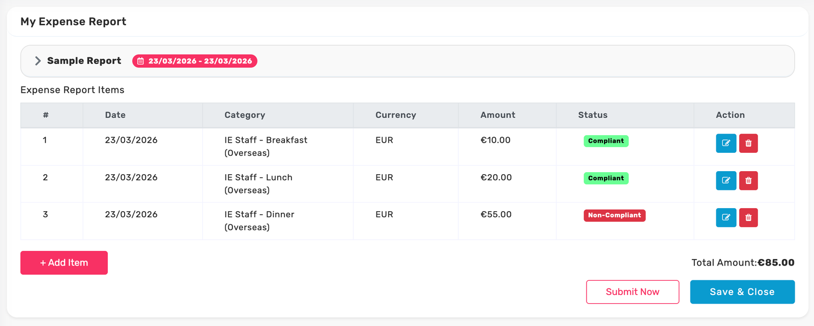 Expense entry screenshot with items